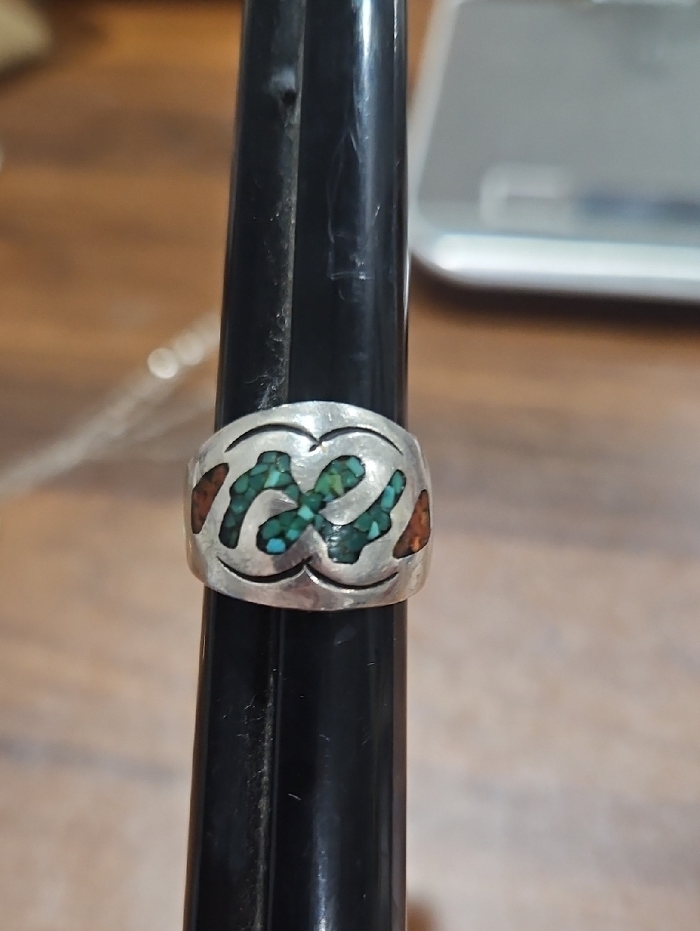 Vintage Navajo Sterling Silver Turquoise & Coral Inlay Ring